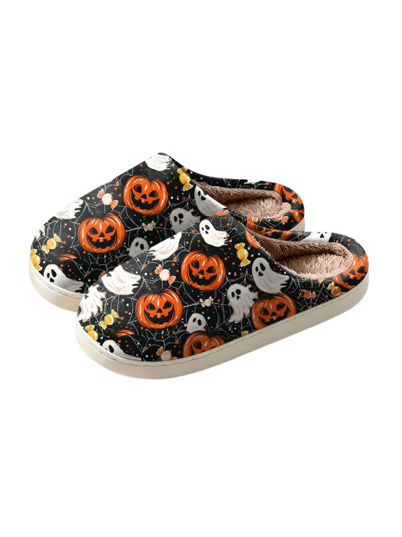 Halloween Slippers for Women Women Waterproof Pumpkin Ghost Print Plush Winter Indoor Outdoor Cute House Slides