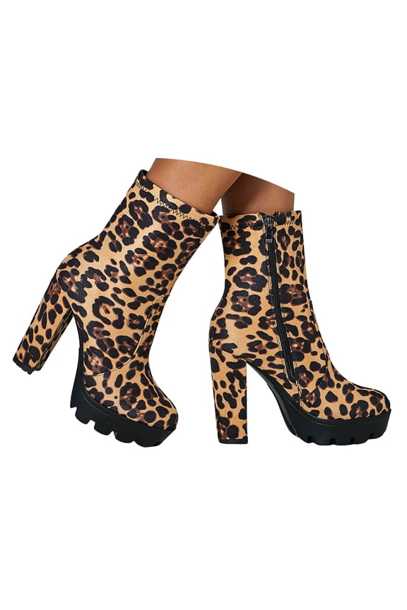 High Heel Ankle Boots for Women Round Toe Leopard Short Booties Platform Chelsea Dress Pumps