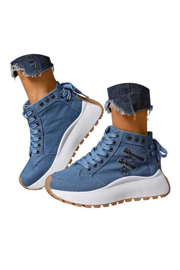 High Top Sneakers for Women Lace up Platform Canvas Shoes Casual Tennis Walking Ankle Boots