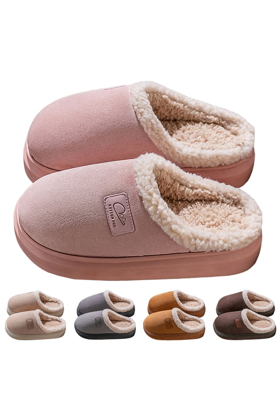 House Bedroom Slippers for Women Platform Slip on Suede Mule Shoes Fleece Lined Plush Bedroom Slipper Beige 6