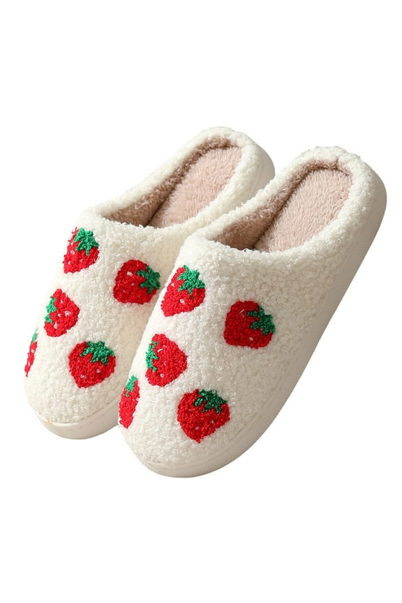 House Slippers for Women Fuzzy Fruit Series Strawberry Bedroom Slip on Slide Shoes Size 6-10