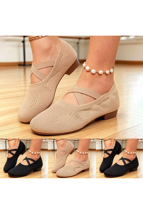 Jazz Shoes for Women Knit Slip on Low Chunky Heel Latin Ballet Flats Comfortable Casual Walking Dancing Shoe for Cheerleading Training Size 7,Black
