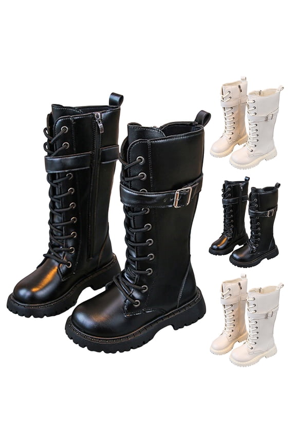 Kid's Girls Knee High Combat Boots Toddler Lace up Zipper Motorcycle Riding Booties Fall Winter Goth Punk Shoes Black