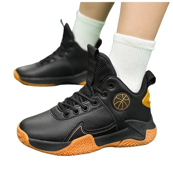 Dakaela Kids Basketball Shoes Boys Air Cushion Sport Sneakers Lace up Mid Top Non Slip Outdoor Athletic Running Shoes Black 12.5