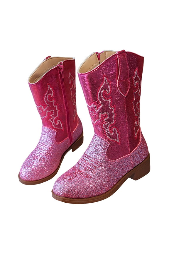 Kids Cowgirl Boots Girls Boys Sparkle Western Cowboy Mid Calf Booties Princess Riding Shoes Pink