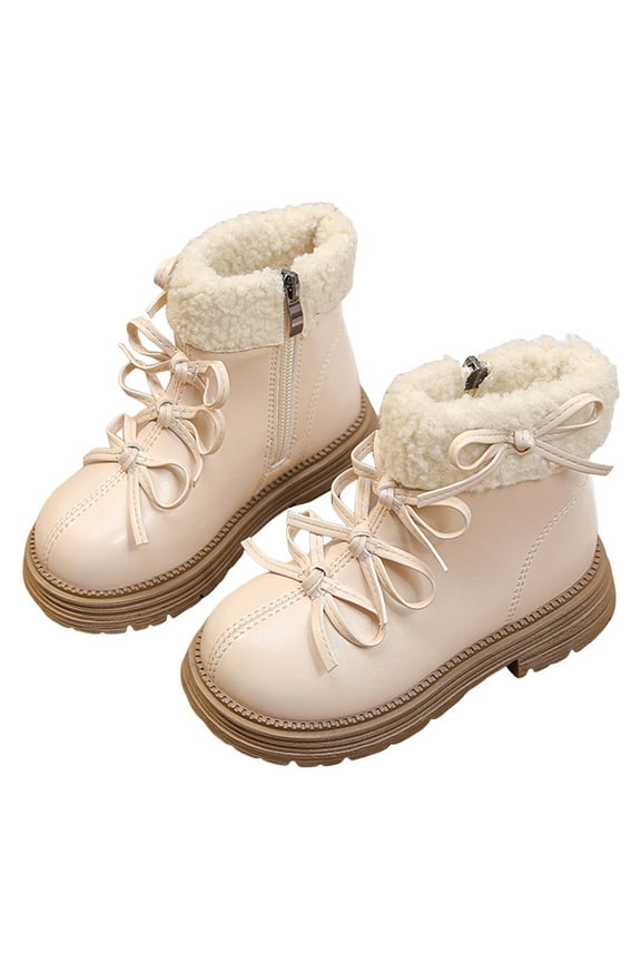 Kids Cute Boots Girls Bow Ankle Combat Booties Fleece Lined Toddler Winter Snow Dress Shoes Beige