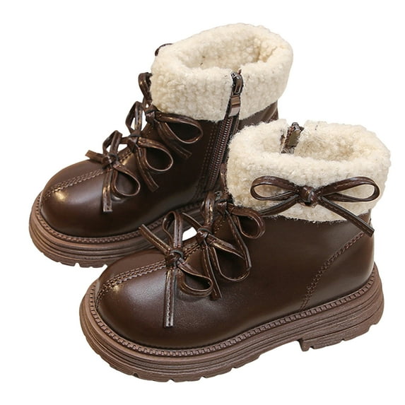 Dakaela Kids Cute Boots Girls Bow Ankle Combat Booties Fleece Lined Toddler Winter Snow Dress Shoes Brown