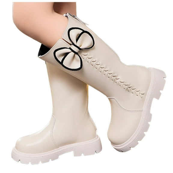 Dakaela Kids Girls Knee High Boots Waterproof Bowknot Tall Riding Boots Toddler Chunky Heel Fall Winter Zipper Dress Shoes White