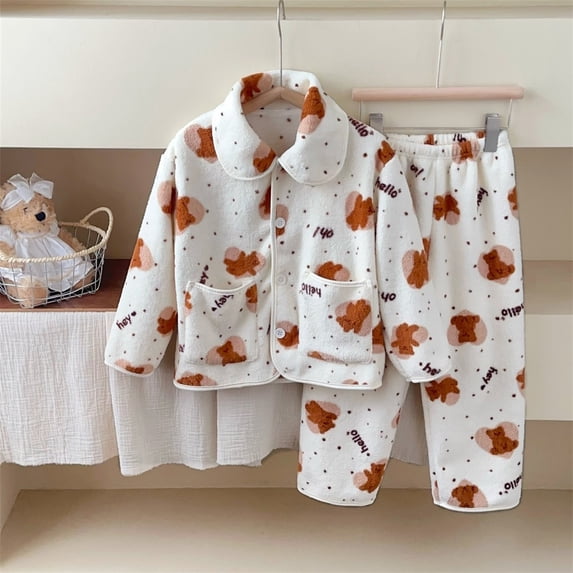Dakaela Kids Print Fleece Lapel Button Two Piece Pajama Set Boys Girls ...