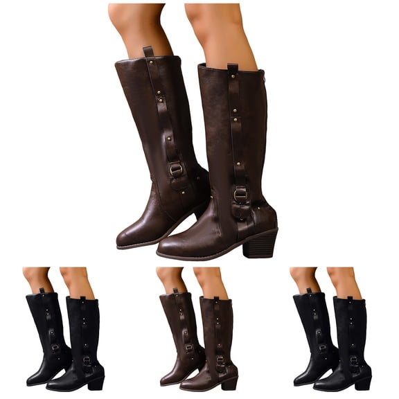 Dakaela Knee High Boots Women Chunky Heel Wide Calf Riding Fall Boots Buckles Vintage Western Cowboy Cowgirl Boot Black 6.5