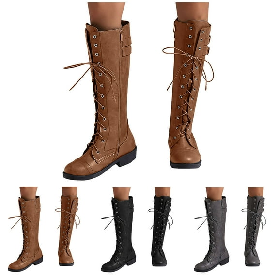 Dakaela Knee High Boots Women Fashion Lace up Buckle Combat Boots Vintage Western Military Motocycle Riding Shoes with Side Zipper Black 7.5