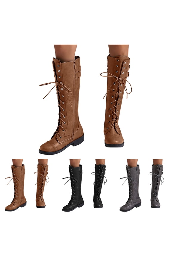 Knee High Boots Women Fashion Lace up Buckle Combat Boots Vintage Western Military Motocycle Riding Shoes with Side Zipper Black 9