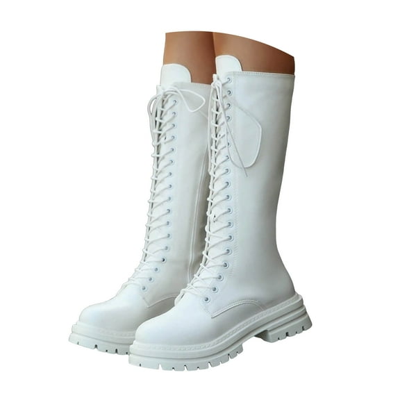Dakaela Knee High Boots Women Fashion Lace up Combat Boots Wide Calf Platform Motorcycle Riding Boot for Fall Winter