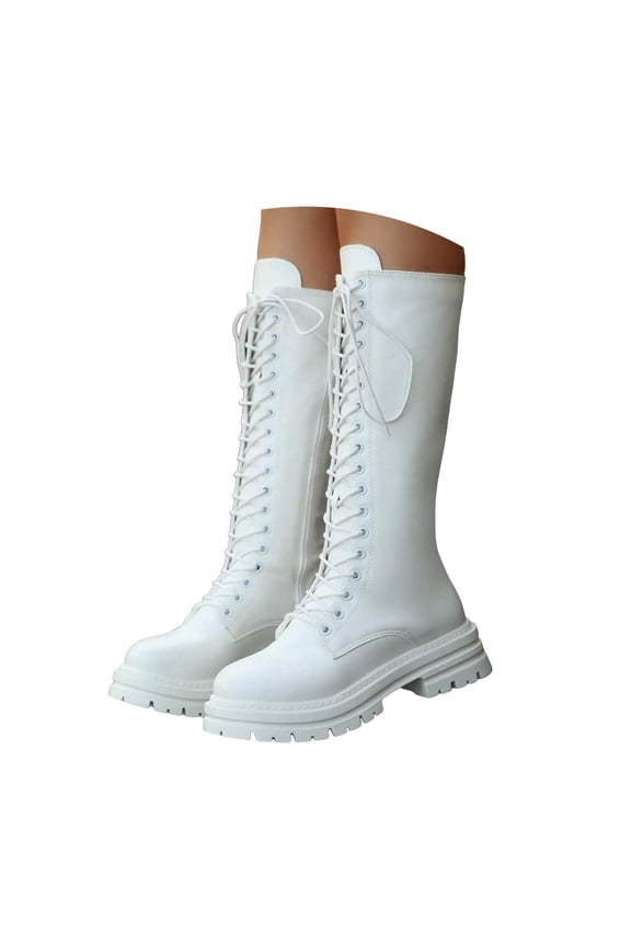Knee High Boots Women Fashion Lace up Combat Boots Wide Calf Platform Motorcycle Riding Boot for Fall Winter