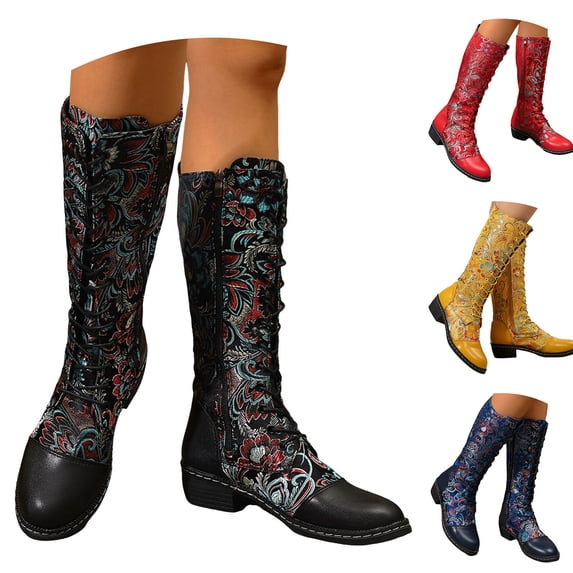 Dakaela Knee High Boots Women Lace up Cowboy Combat Boot Embroidery Floral Wide Calf Western Tall Boot for Ladies Black 7