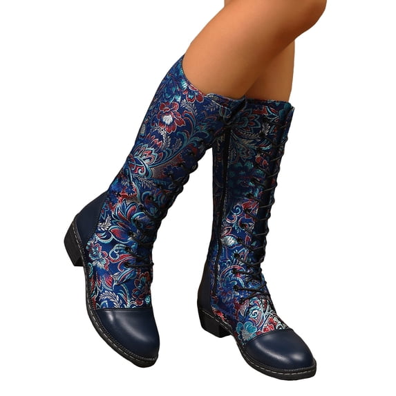 Dakaela Knee High Boots Women Lace up Cowboy Combat Boot Embroidery Floral Wide Calf Western Tall Boot for Ladies Blue 9.5