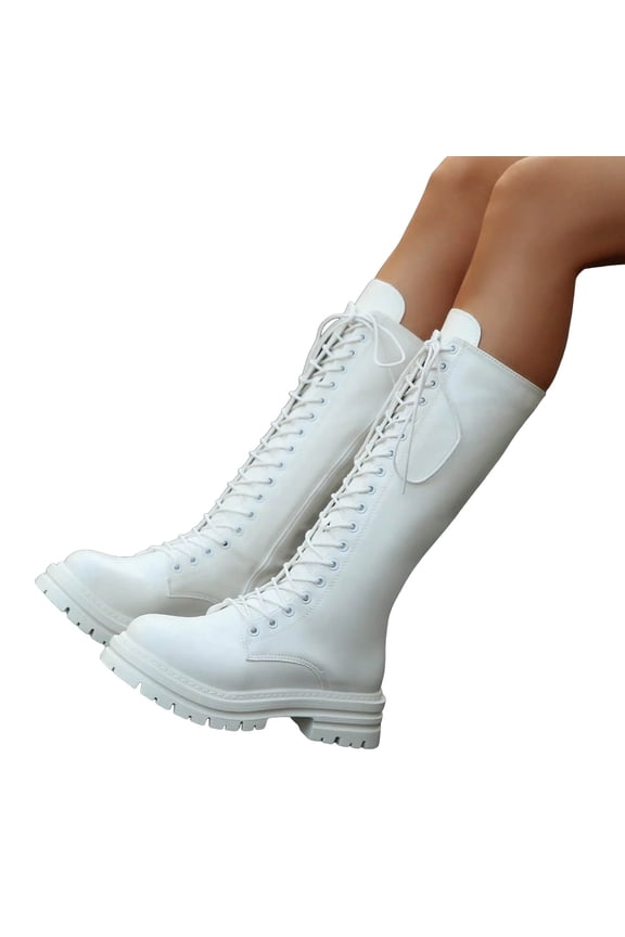 Knee High Boots Women Platform Lace up Combat Wide Calf Booties Non Slip Punk Goth Motorcycle Riding Boots White Size 8