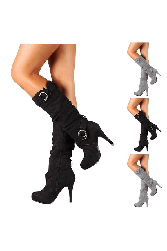 Knee High Boots Women Pointed Toe Stiletto Heel Slouchy Fall Boots Buckles Side Zipper Dress Pumps Shoes for Prom Wedding Party Black 8