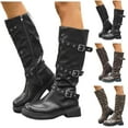 thumbnail image 1 of Dakaela Knee High Boots Women Square Toe Pull on Riding Boot Buckles Wide Calf Platform Winter Dress Shoes, 1 of 7