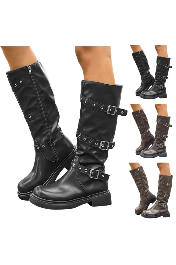 Knee High Boots Women Square Toe Pull on Riding Boot Buckles Wide Calf Platform Winter Dress Shoes