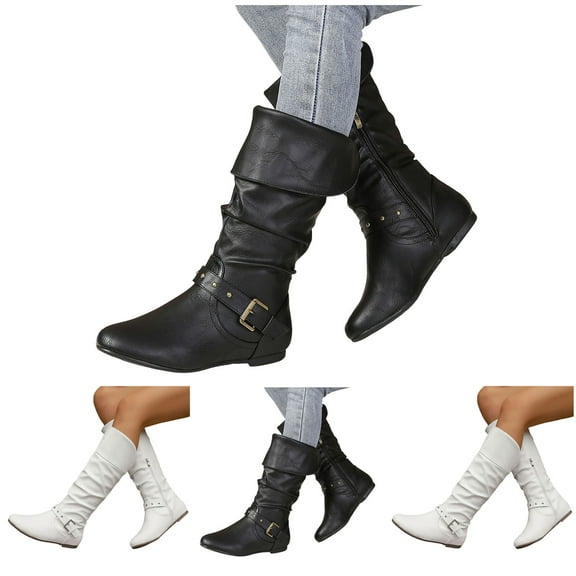 Dakaela Knee High Boots Women Wide Calf Slouchy Flat Fall Booties Round Toe Pull on Leather Western Riding Long Tall Boots Black 9