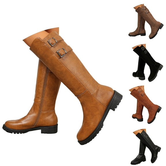 Dakaela Knee High Boots Womens Chunky Heel Leather Motorcycle Riding Boot Round Toe Buckles Long Tall Boots Yellow 6