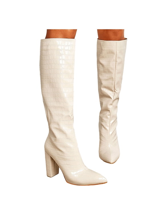 Knee High Boots for Women Chunky Heel Dressy Winter Shoes Pointy Toe Wide Calf Tall Long Boot