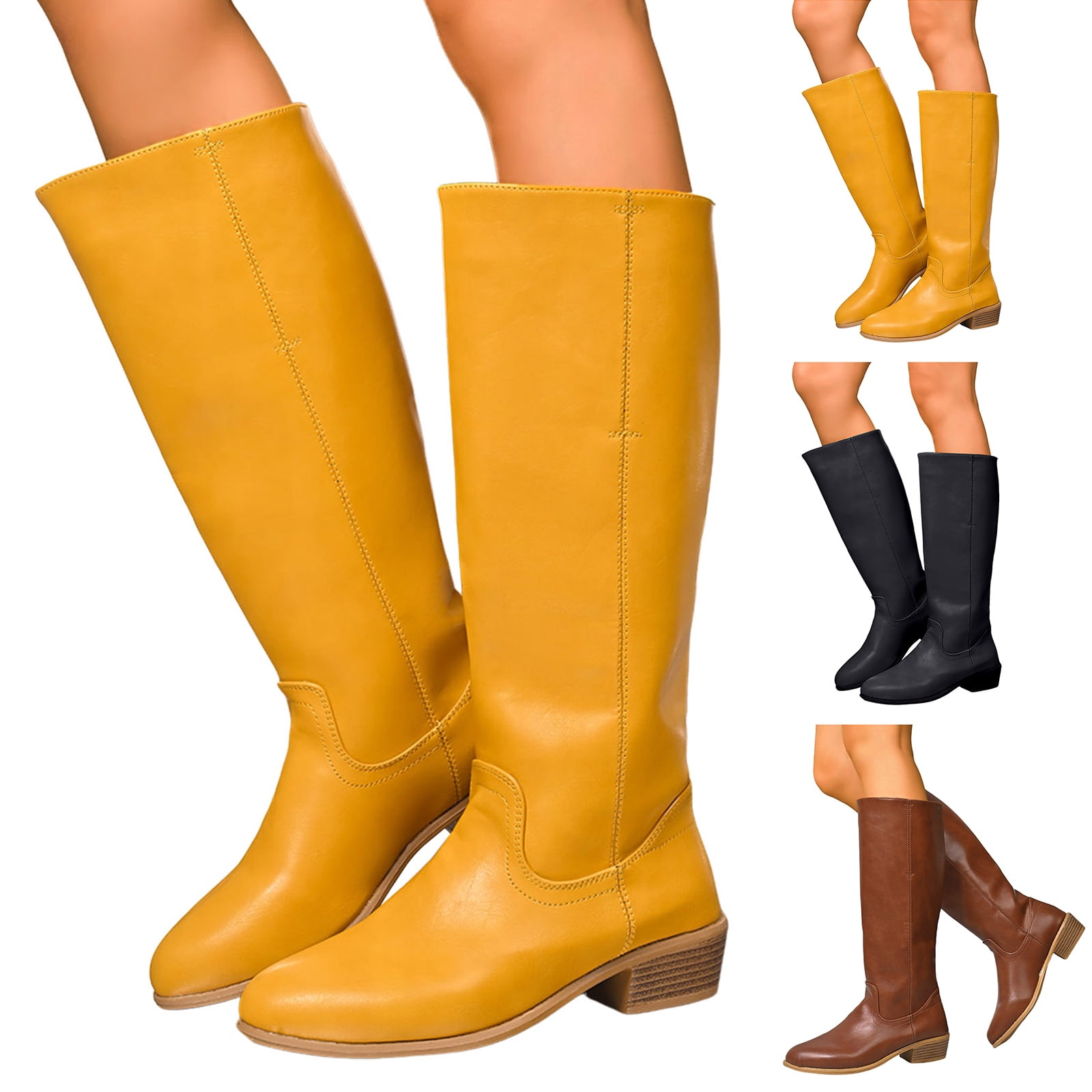 Dakaela Knee High Boots for Women Chunky Low Heel Fashion Wide