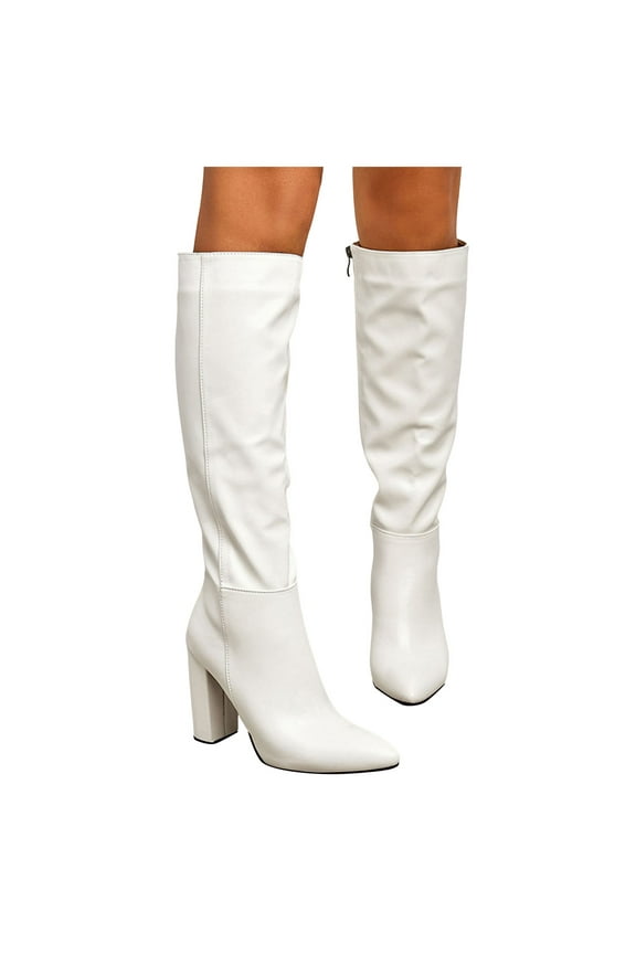 Knee High Boots for Women Pointy Toe Chunky Heel Long Boots Fashion Dress Elastic Tall Boots