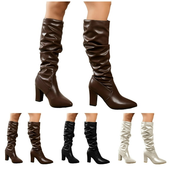 Dakaela Knee High Boots for Women Pointy Toe High Heels Slouch Fall Boots Leather Dress Tall Boot for Party Prom Black 6