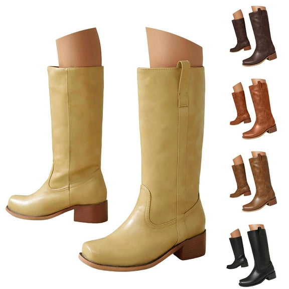 Dakaela Knee High Boots for Women Square Toe Western Cowboy Boot Chunky Block Heel Wide Calf Riding Tall Boots Black Size 10