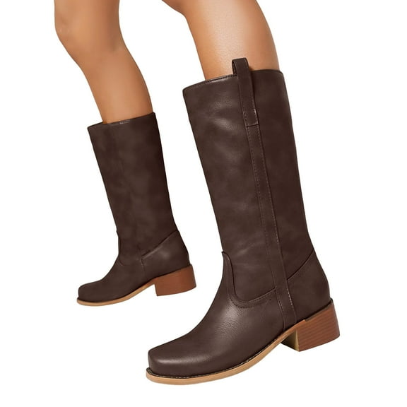 Dakaela Knee High Boots for Women Square Toe Western Cowboy Boot Chunky Block Heel Wide Calf Riding Tall Boots Coffee Size 9