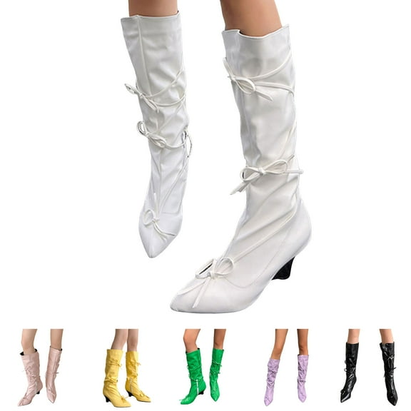 Dakaela Knee High Boots for Women Wedge Heel Bowknot Slouchy Tall Boot Wide Calf Dress Winter Shoes Black 5.5