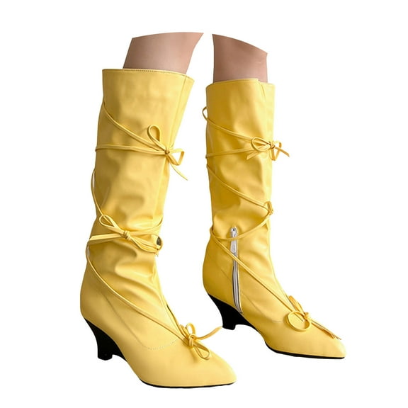 Dakaela Knee High Boots for Women Wedge Heel Bowknot Slouchy Tall Boot Wide Calf Dress Winter Shoes Yellow 5.5