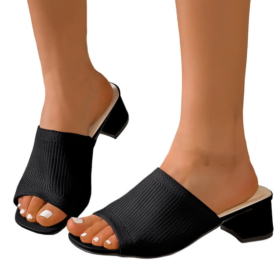 Dakaela Knit Heeled Sandals for Women Square Open Toe Low Chunky Heels Mules Casual Slip on Slides Summer Beach Pumps Slippers Size 6-10