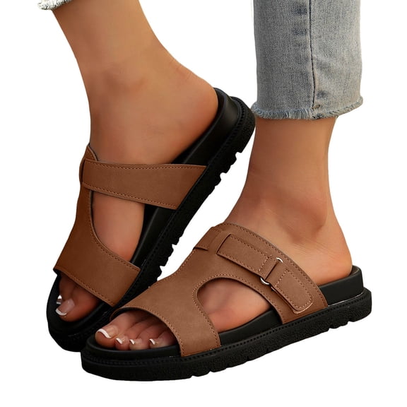 Dakaela Leather Flat Sandals for Women Memory Foam Summer Beach Slides Comfort Cushion Slip on Shoes