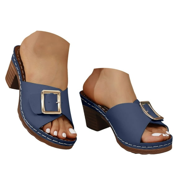 Dakaela Leather Slide Sandals for Women Chunky Heel Dressy Shoes Casual Wedding Party Pumps Blue 7