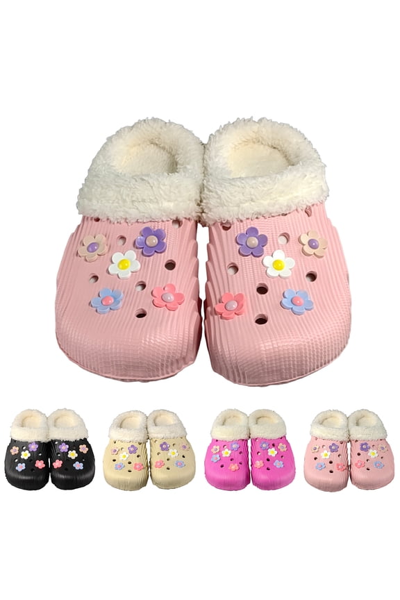 Lined Clogs for Women Winter Warm Plush House Slippers Flower Fuzzy Slip on Garden Shoes Fleece Lined Indoor Outdoor Mules Beige 9