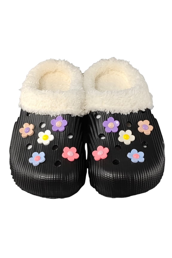 Lined Clogs for Women Winter Warm Plush House Slippers Flower Fuzzy Slip on Garden Shoes Fleece Lined Indoor Outdoor Mules Black 7