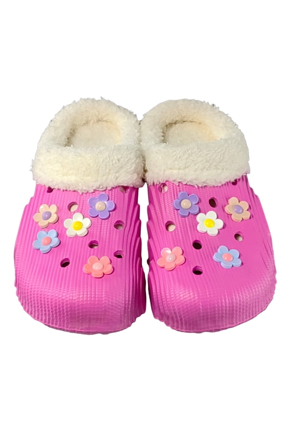 Lined Clogs for Women Winter Warm Plush House Slippers Flower Fuzzy Slip on Garden Shoes Fleece Lined Indoor Outdoor Mules Hot Pink 8