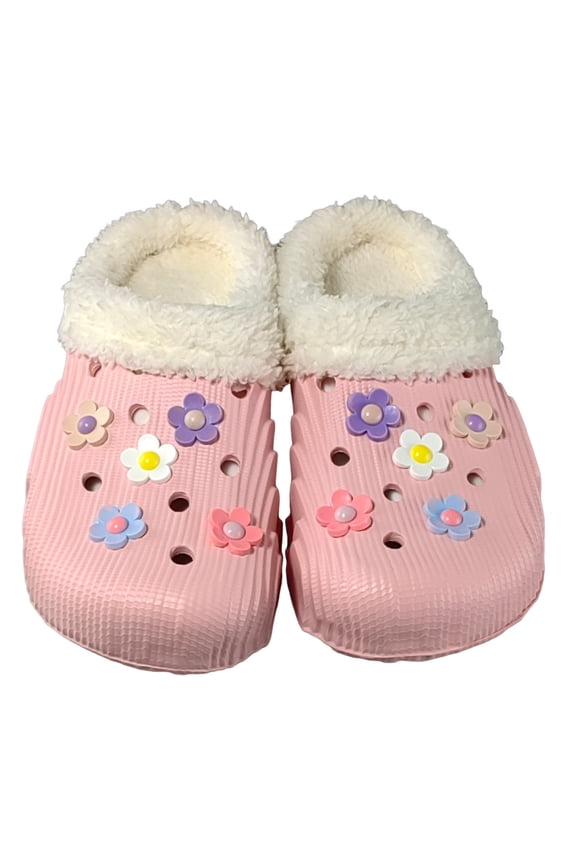 Lined Clogs for Women Winter Warm Plush House Slippers Flower Fuzzy Slip on Garden Shoes Fleece Lined Indoor Outdoor Mules Pink 7