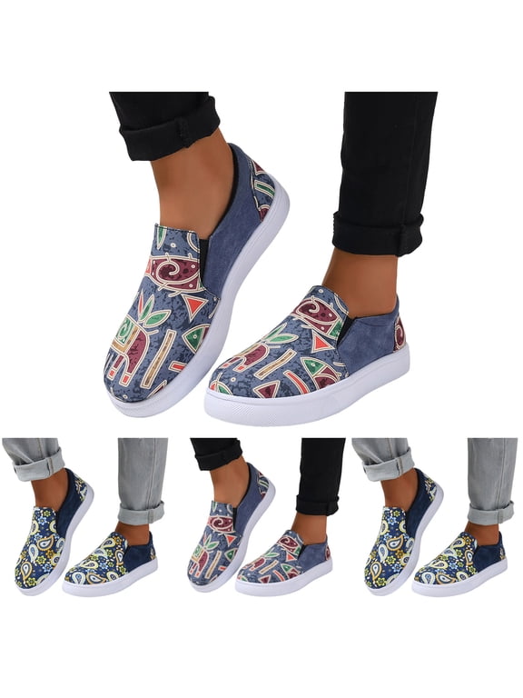 Low Top Slip Ons Women's Fashion Sneakers Platform Casual Canvas Shoes Comfortable Walking Flats Loafers Blue 7.5