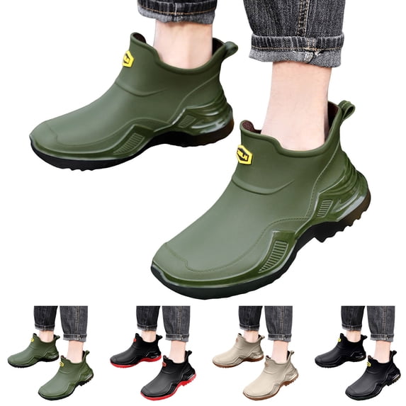 Dakaela Men's Ankle Rain Boots Waterproof Rubber Garden Shoes Arch Support Slip on Chelsea Rainboots for Gardening Fishing Boating Camping Sailing (Black,7)
