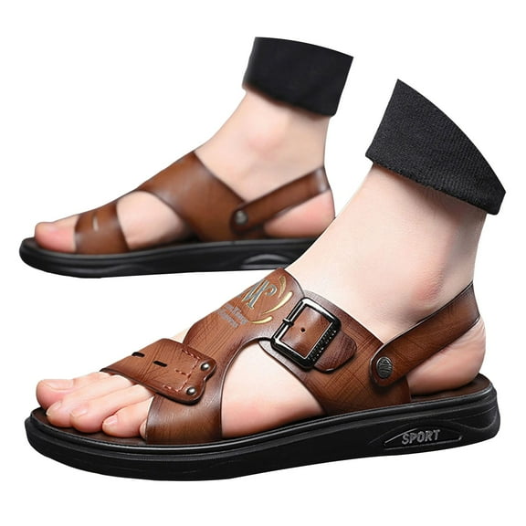 Dakaela Men's Beach Leather Sandals Slip on Slippers Slide Flip Flops with Adjustable Strap Brown 7.5