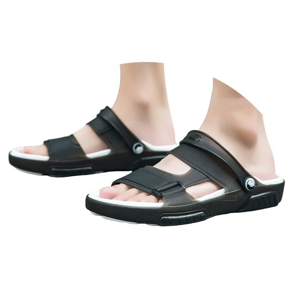 Dakaela Men's Leather Casual Flat Sandals Adjustable Ankle Straps Slip on Beach Clogs Slide Slippers