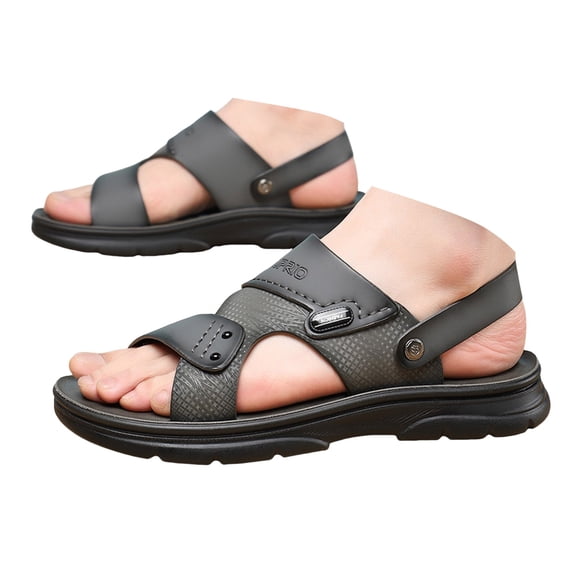 Dakaela Men's Leather Flat Sandals Open Toe Slip on Slides Summer Slides with Adjustable Dual Strap