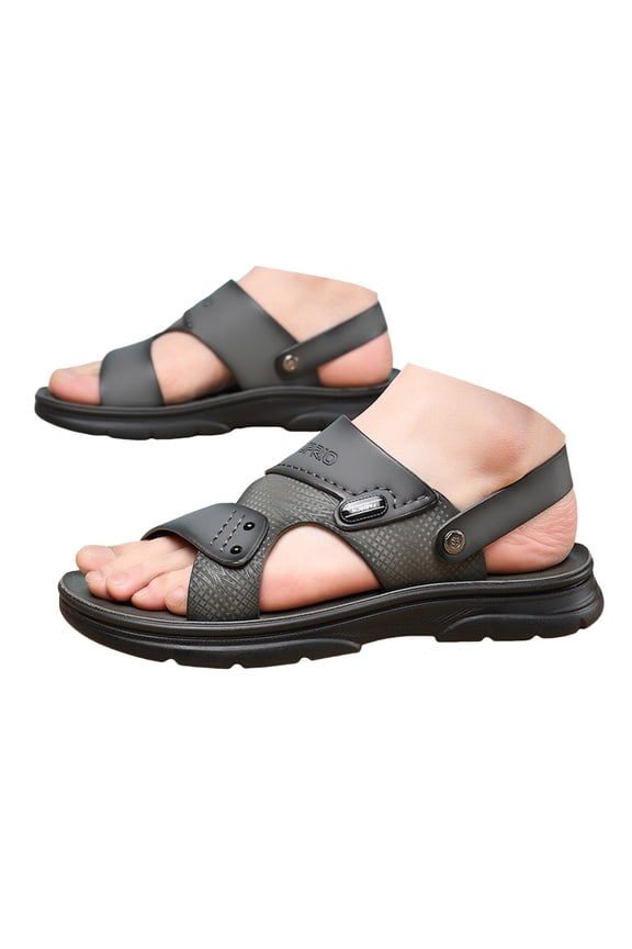 Men's Leather Flat Sandals Open Toe Slip on Slides Summer Slides with Adjustable Dual Strap