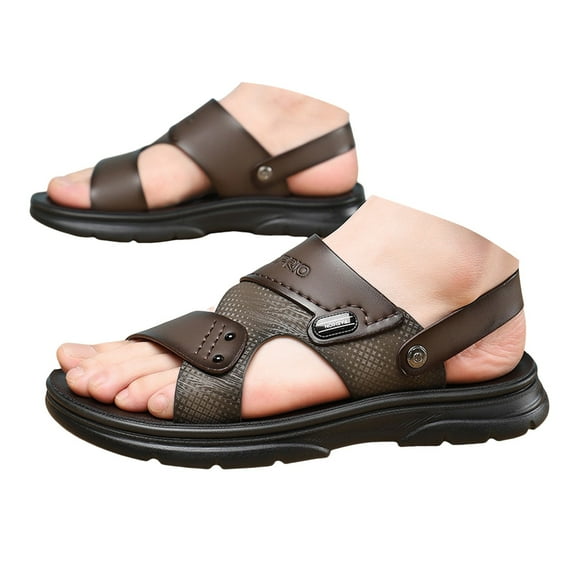 Dakaela Men's Leather Flat Sandals Open Toe Slip on Slides Summer Slides with Adjustable Dual Strap