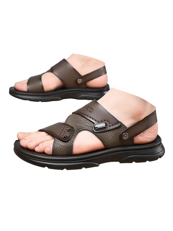 Men's Leather Flat Sandals Open Toe Slip on Slides Summer Slides with Adjustable Dual Strap