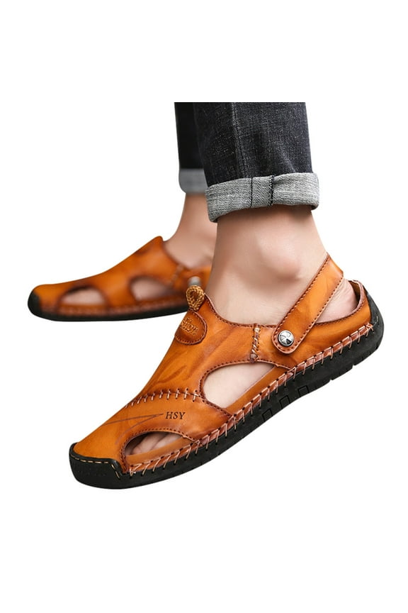 Men's Leather Hollow Athletic Sandals Slip on Roman Casual Mules Shoes with Adjustable Strap